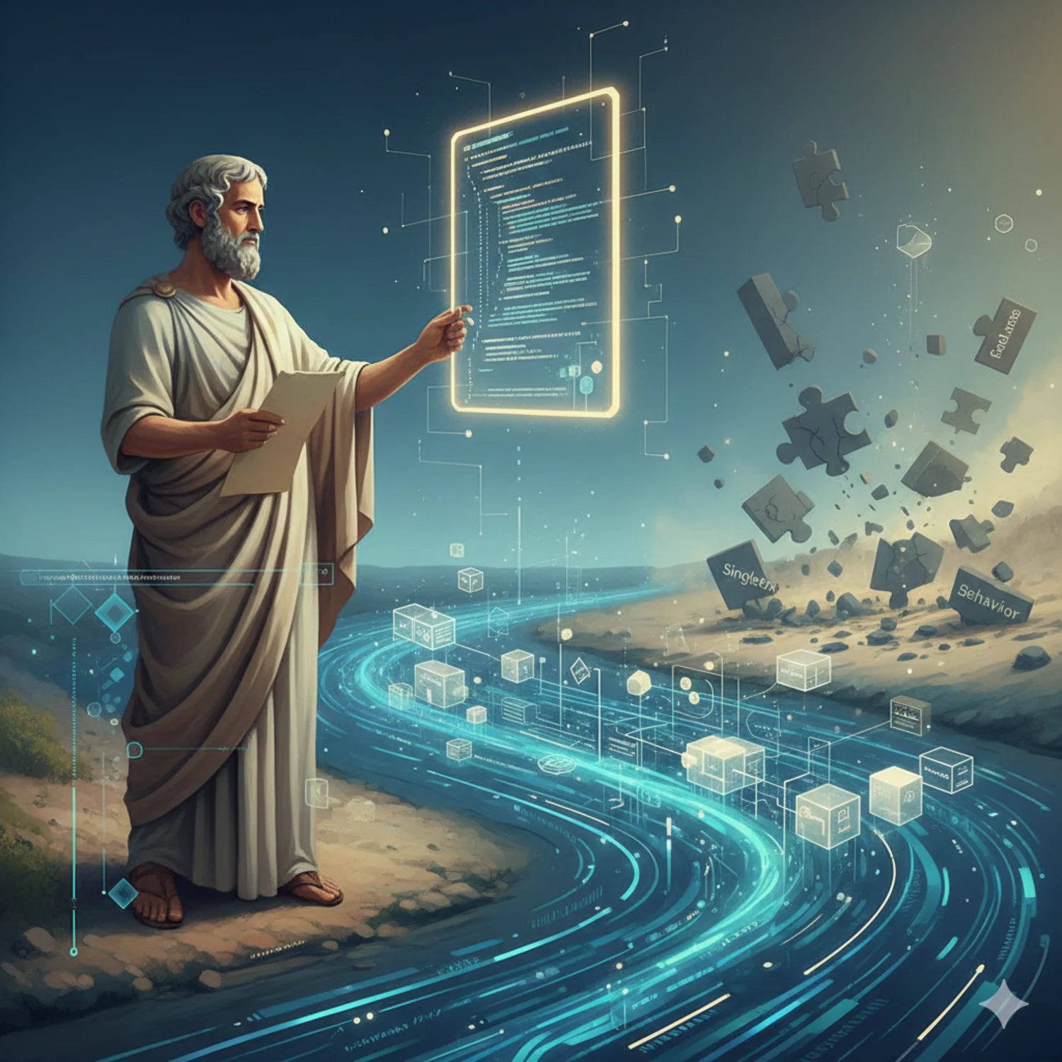 Aristotle as a software architect, contemplating a digital interface while fragmented design patterns labeled "Singleton" and "Bad Code" scatter around, with a flowing river of data representing well-modeled reality