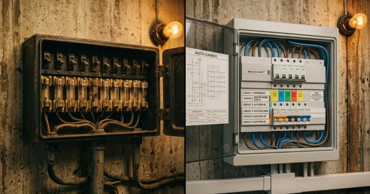 Split view of two panels on a concrete wall under a bare bulb: unlabeled glass fuses and tangled leads on the left, named breakers and a schematic on the right