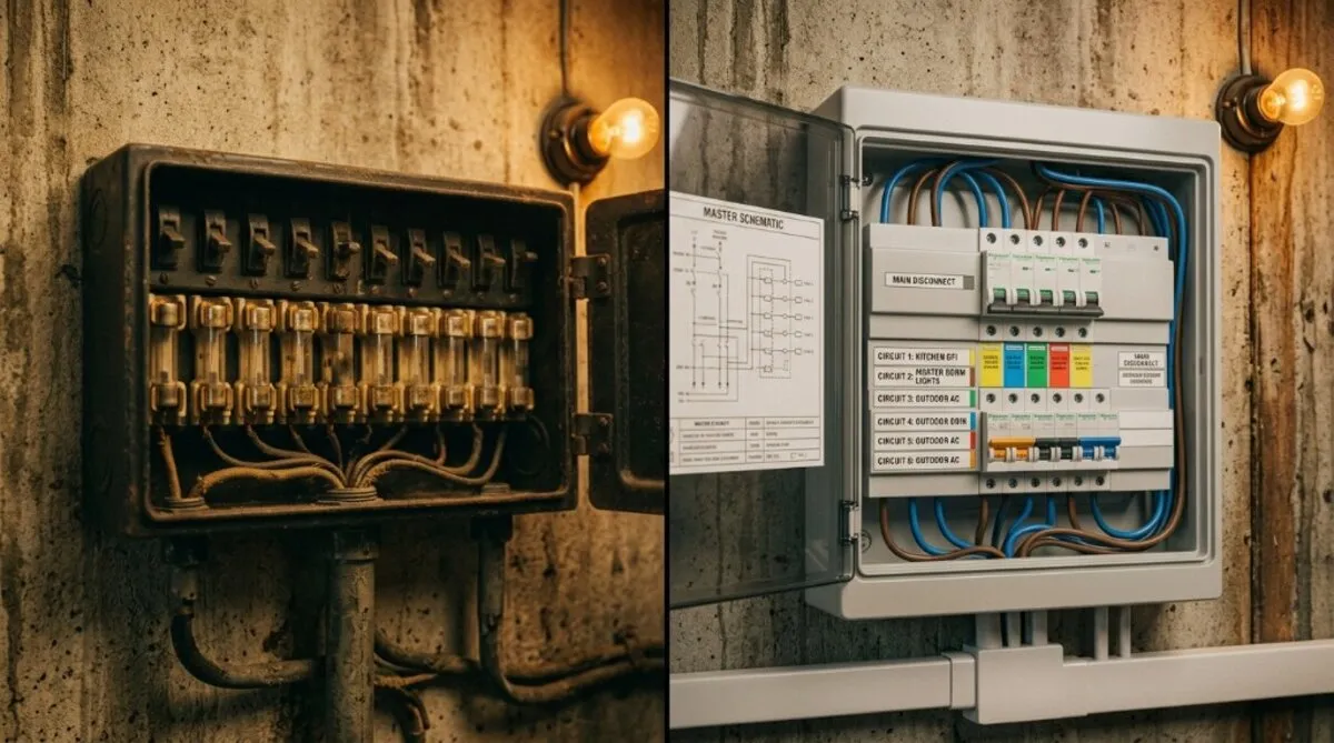 Split view of two panels on a concrete wall under a bare bulb: unlabeled glass fuses and tangled leads on the left, named breakers and a schematic on the right