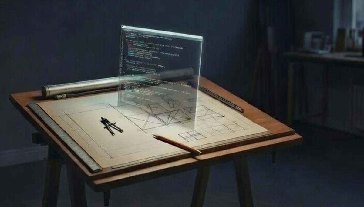 A drafting table merging into a terminal screen — compass, ruler, and wireframe blueprints dissolving into lines of code — the boundary between design and programming erased
