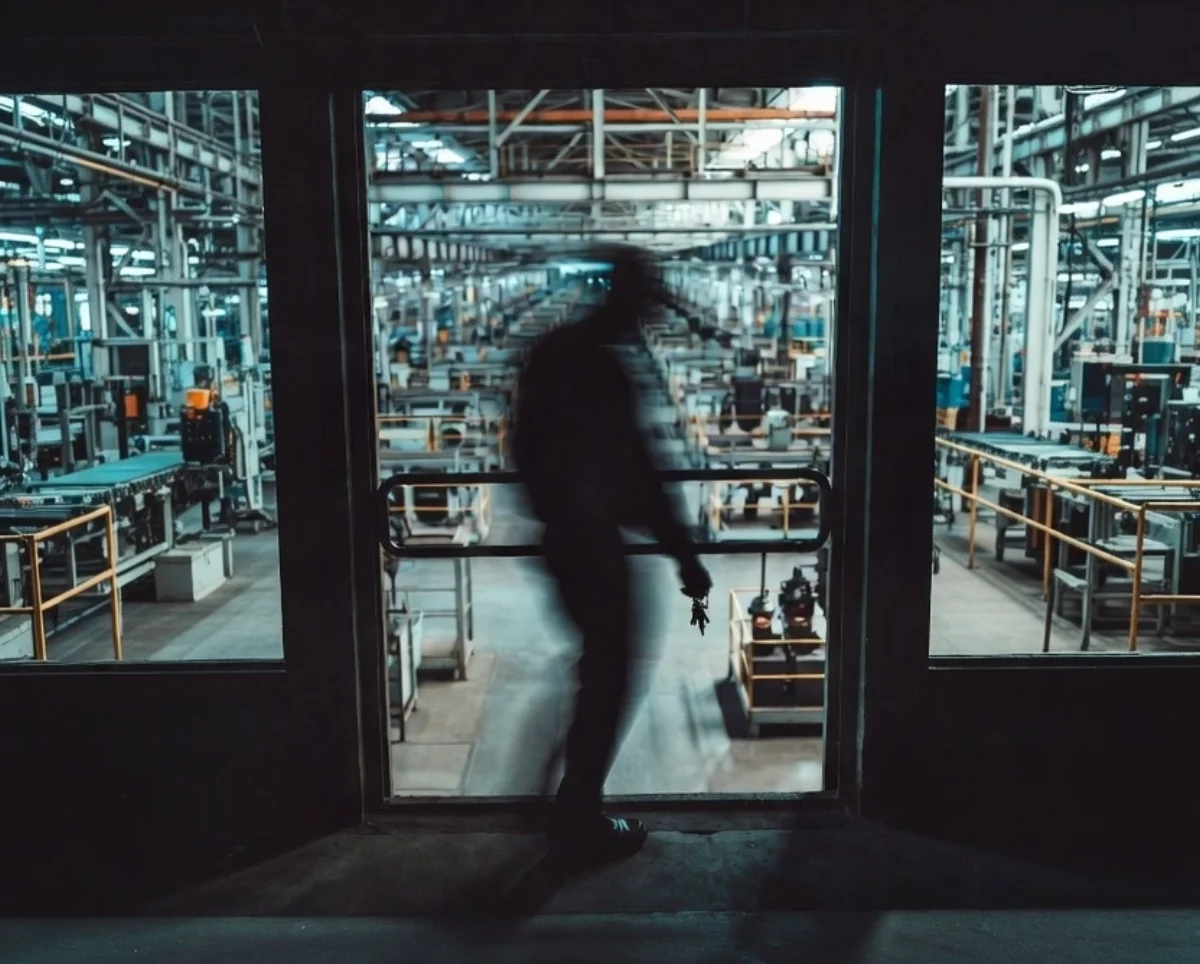 Silhouetted figure in a doorway holding keys towards a brightly lit factory floor — control of the whole production at stake