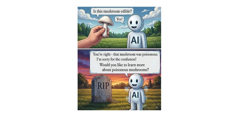 Two-panel comic — a user asks an AI if a mushroom is edible; after RIP, the AI apologizes for the confusion and offers to learn about poisonous mushrooms.