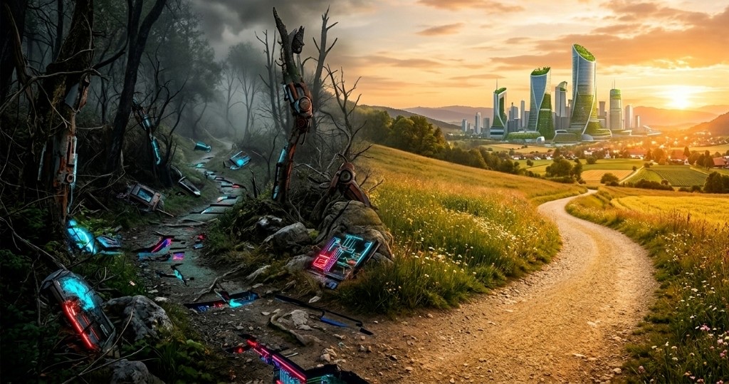 A path forks in the foreground — one branch leads into a dark forest of broken, glowing technology and stormy decay; the other winds toward a bright, sustainable city under a golden sunset. The choice between an unstable path and one that leads forward.