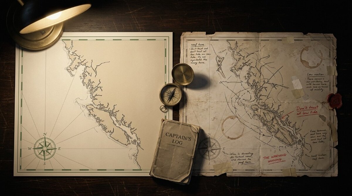 Two maps of the same coastline on a cartographer's desk under lamplight, one clean and green-bordered, one weathered with pencil corrections and margin warnings, with a captain's log and compass between them, a metaphor for symbolic consistency versus evidence that survived contact with reality